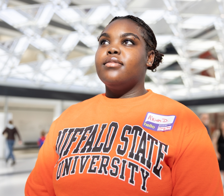Buffalo State student inside the AKG Art Museum